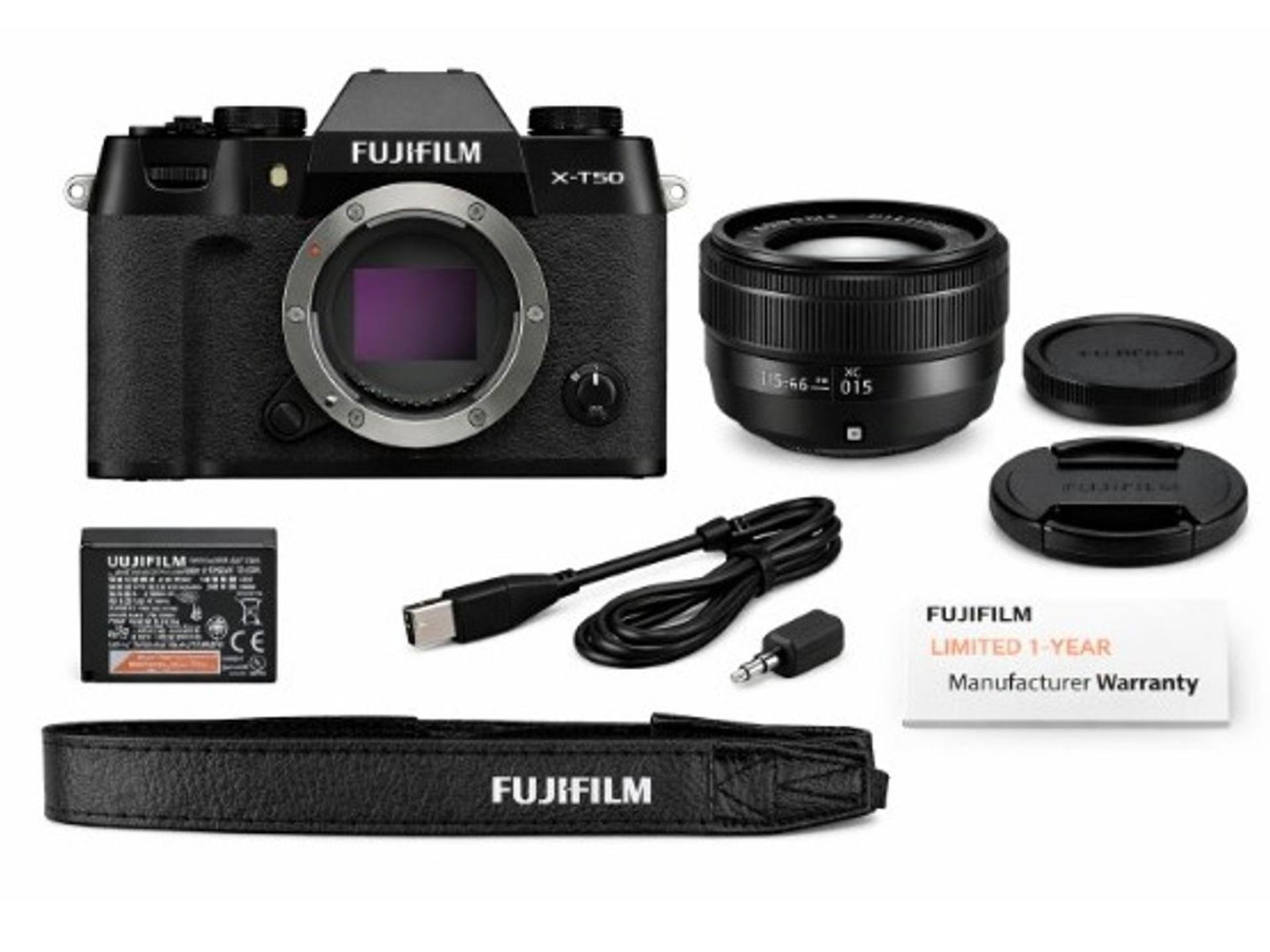 Fujifilm X-T50 Mirrorless Camera with XC 15-45mm f/3.5-5.6 Lens - Black box contents