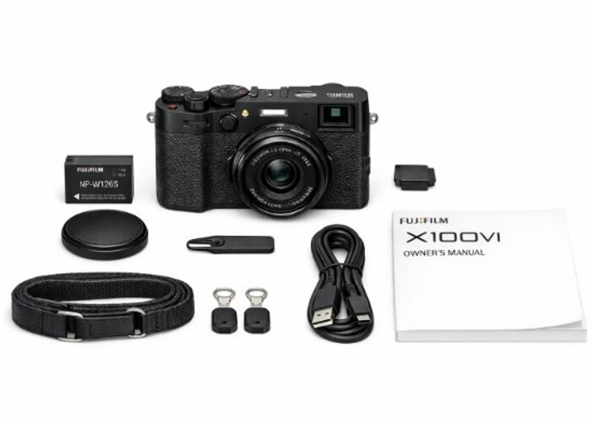 Certified Pre owned - Fujifilm X100VI Mirrorless Camera with 23mm f/2.0 Fixed Lens - Black box contents